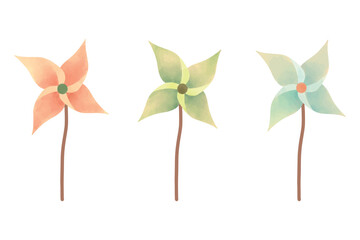 Beautiful colorful pinwheel kid toy watercolor illustration style collection set. Vector paper windmill icon cartoon isolated. 