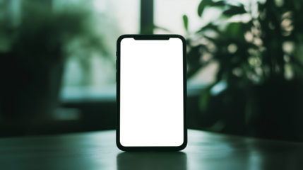 An elegant, modern smartphone stands on a surface, with a backdrop of blurred verdant plants, creating a blend of technology and nature. Ready to be personalized 