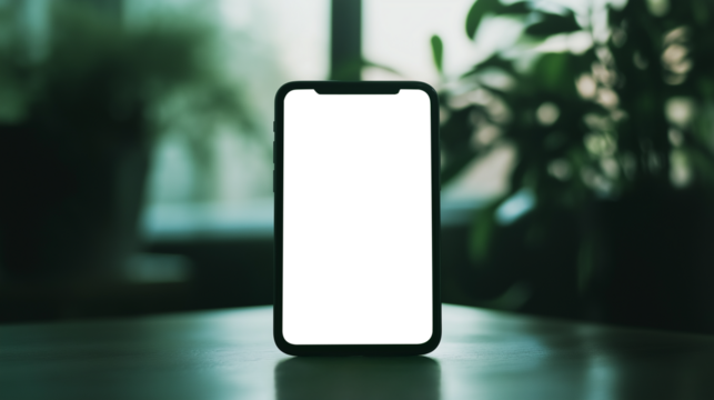 An elegant, modern smartphone stands on a surface, with a backdrop of blurred verdant plants, creating a blend of technology and nature. Ready to be personalized 