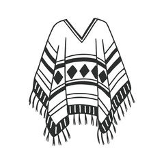 Hand drawn monochrome poncho with fringe and ethnic patterns. National symbol of Mexico. Line art style illustration.