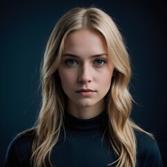 Naklejka premium Portrait of a young blonde woman with blue eyes, natural beauty, soft lighting, delicate features