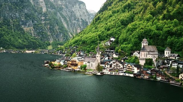 View of famous Hallstatt mountain village in the Austrian Alps at beautiful light in summer, Salzkammergut region, Hallstatt, Austria.
