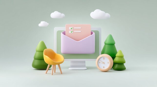 Pastel 3D Render of a Desktop with Email Inbox, To Do List, and Clock