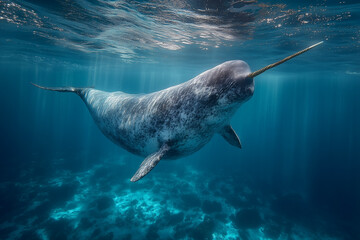 A realistic underwater view of a narwhal gliding through the Arctic sea. 