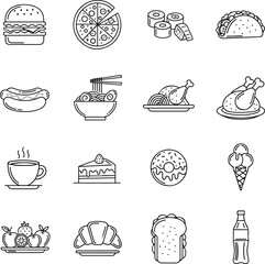 A diverse set of food icons perfect for menus, restaurants, and culinary themes.