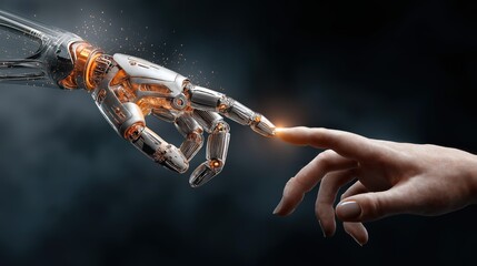 Robotic hand and human hand touching
