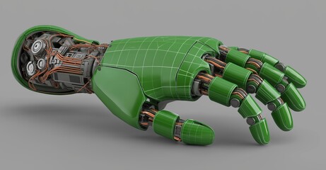 Detailed 3d render of a green robotic hand