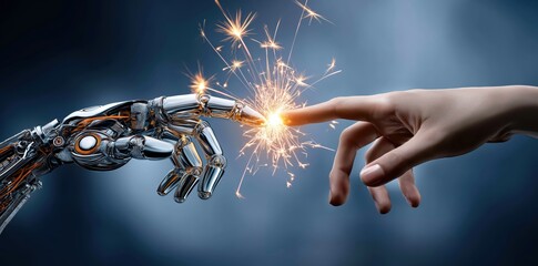 Human hand and robotic hand connecting with sparks