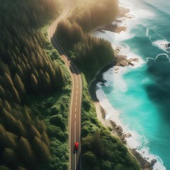 Red Car Driving Along a Coastal Forest Road with Realistic Textures, Deep Shadows, and Turquoise Ocean Views
