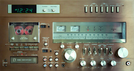 Vintage Audio Stereo Gear Setup Copper Front Panel with Multiple Controls Including Display, Knobs,...