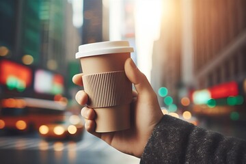 Vertical Close-Up of a Hand Holding a Reusable Coffee Cup with Soft-Focused Vibrant Cityscape and Natural Daylight
