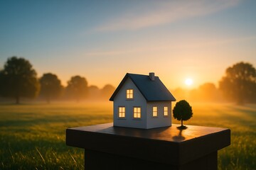 Tiny home with a tree and sunrise in the background, evoking warmth and tranquility