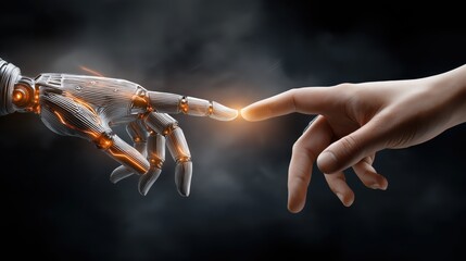 Human and robotic hands reaching connection