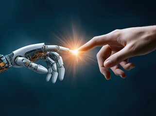 Human hand and robotic hand connecting with light