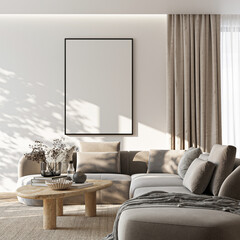 Plakat Frame mockup, ISO A paper size. Living room wall poster mockup. Interior mockup with house background. Modern interior design. 3D render 