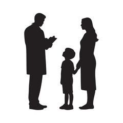 Doctor Consulting Mother and Child Silhouette Vector for Healthcare Checkup