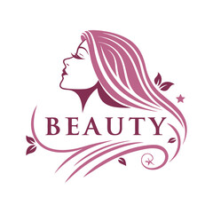 Elegant Beauty Salon Logo with Feminine Face Silhouette and Flowing Hair in Floral Style .