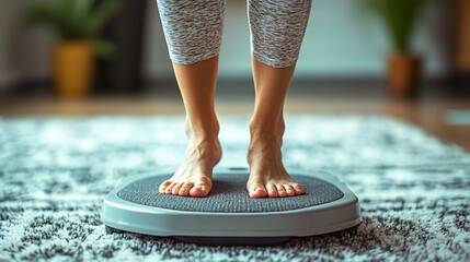 Weight loss journey woman on scale checking weight and body mass index for health and wellness goals