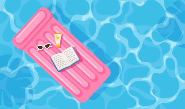 Summer pool relaxation scene. Inflatable pink mattress with book, sunglasses and SPF lotion. Flat vector illustration for banners, flyers, cards and social media.