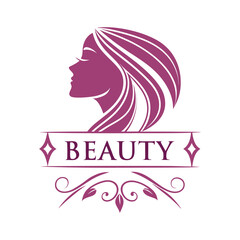 Elegant Beauty Salon Logo with Feminine Face Silhouette and Flowing Hair in Floral Style .