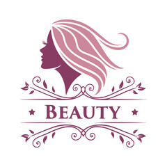 Elegant Beauty Salon Logo with Feminine Face Silhouette and Flowing Hair in Floral Style .