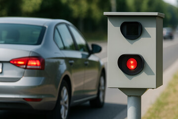 Silver sedan captured by a roadside speed camera flash in daylight. Traffic control and road surveillance concept.