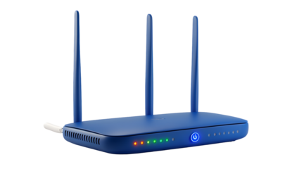 Modern blue wireless router with antennas and light indicators isolated on black background