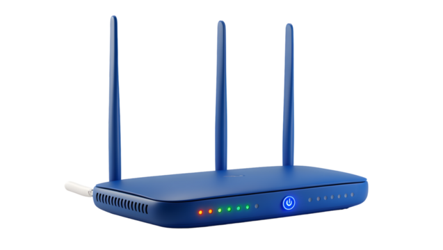 Modern blue wireless router with antennas and light indicators isolated on black background