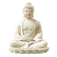White Buddha statue, sitting in lotus position with eyes closed and head raised upwards isolated on a transparent background