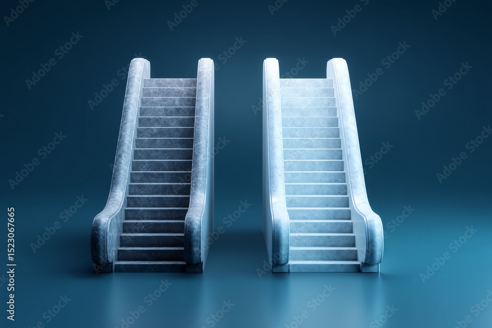 Poster modern escalators in contrasting colors, one dark and one light, create striking visual effect. slee