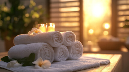 Soft towels stacked neatly in serene spa setting, illuminated by warm sunlight. ambiance is tranquil, enhanced by candles and delicate flowers, creating peaceful retreat