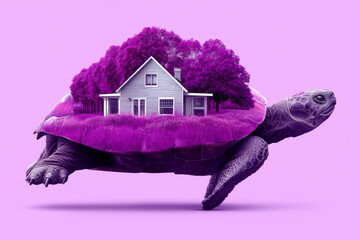 Whimsical turtle carries vibrant purple house on its back, surrounded by lush greenery. This imaginative scene evokes sense of tranquility and creativity, blending nature with home