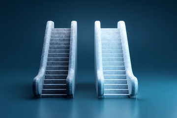Modern escalators in contrasting colors, one dark and one light, create striking visual effect. sleek design emphasizes concept of choice and direction in contemporary setting