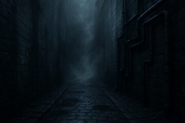 Obraz premium Misty alleyway with dark shadows and fog in the evening light, eerie atmosphere for mysterious settings