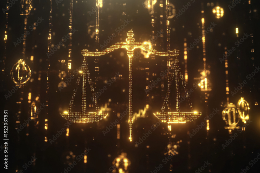Poster digital illustration featuring glowing scale symbolizing justice, surrounded by cascade of golden sy