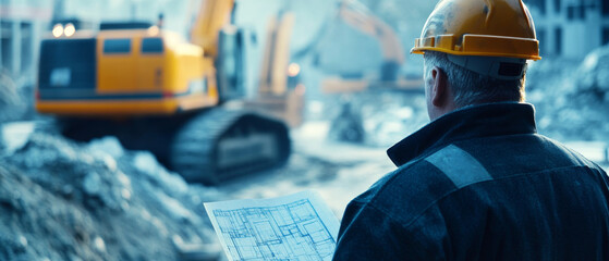 Construction manager reviews plans on job site, wearing hard hat and observing heavy machinery in background. scene conveys focus and professionalism in construction management