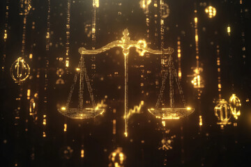 Digital illustration featuring glowing scale symbolizing justice, surrounded by cascade of golden symbols and numbers, creating futuristic and abstract atmosphere. image evokes sense of balance