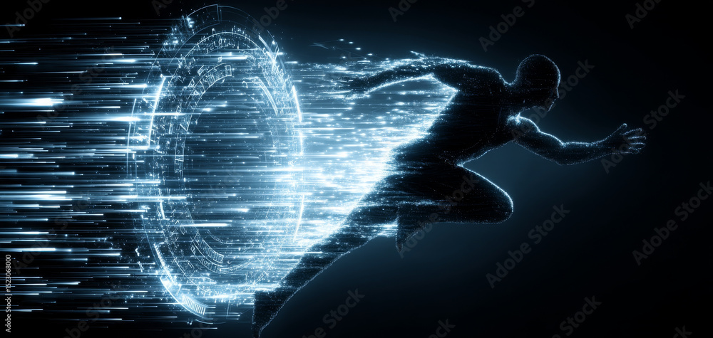 Poster dynamic representation of figure in motion, symbolizing speed and agility, with futuristic digital e
