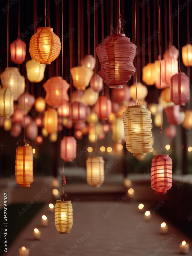 Poster capture magical allure of paper lanterns illuminating serene space, creating warm and inviting atmos