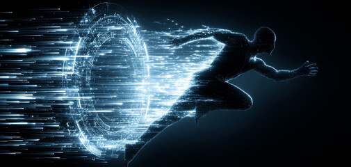 Dynamic representation of figure in motion, symbolizing speed and agility, with futuristic digital effect. image captures essence of agile leader in action, showcasing energy and innovation