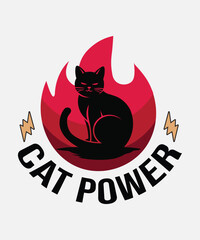 Cat Power Illustration with Bold Black Cat and Flaming Red Backdrop, Perfect for Posters, Apparel, Digital Media, and Fun Social Media Use for Cat Lovers and Feline Enthusiasts