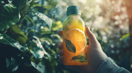 Refreshing beverage in hand, featuring lemon slices and leaves, surrounded by lush greenery, evokes sense of wellness and nature essence