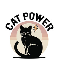 Cat Power Minimalist Typography Illustration with Black Cat Silhouette and Lightning Bolt for Posters, Apparel, Digital Media, and Fun Social Media Use