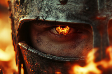 Intense warrior gaze with fiery eye, showcasing strength and determination amidst flames. helmet reflects battle ready spirit, surrounded by dramatic backdrop of fire