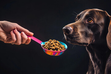 Close up image of dog eagerly looking colorful measuring cup filled with dog food, held by hand. dog expression shows anticipation and excitement, highlighting bond between pets and their owners