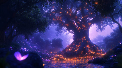 Enchanted forest wallpaper tree of life glowing lights fantasy landscape magical woods nature background