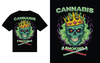 Cannabis Smoking T-Shirt Design Green Skull with Crown, Smoke, and Pipes Illustration.