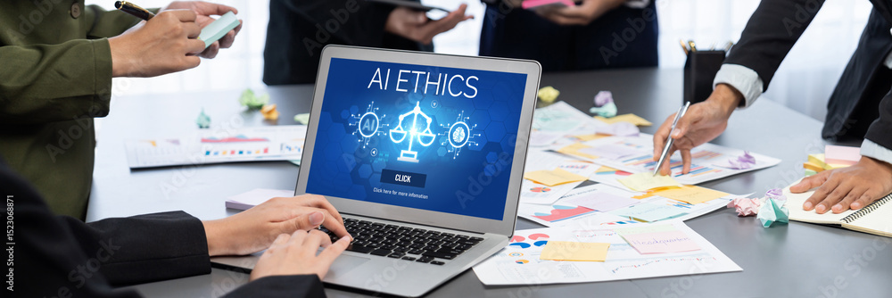 Poster ai ethics responsibility standard law and rules on computer screen provide report of ai ethic transp
