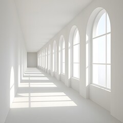Obraz premium Bright white corridor with arch windows and sunlight