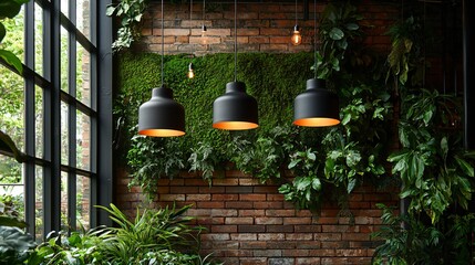 moss forming dense layers on an old brick wall in a boutique cafe garden, with hanging lights, ivy accents, and a styled yet organic feeling that blends curated design with wild natural elements